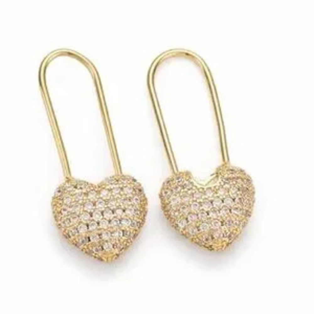 Gold Heart Pave Safety Pin Earrings (7020)